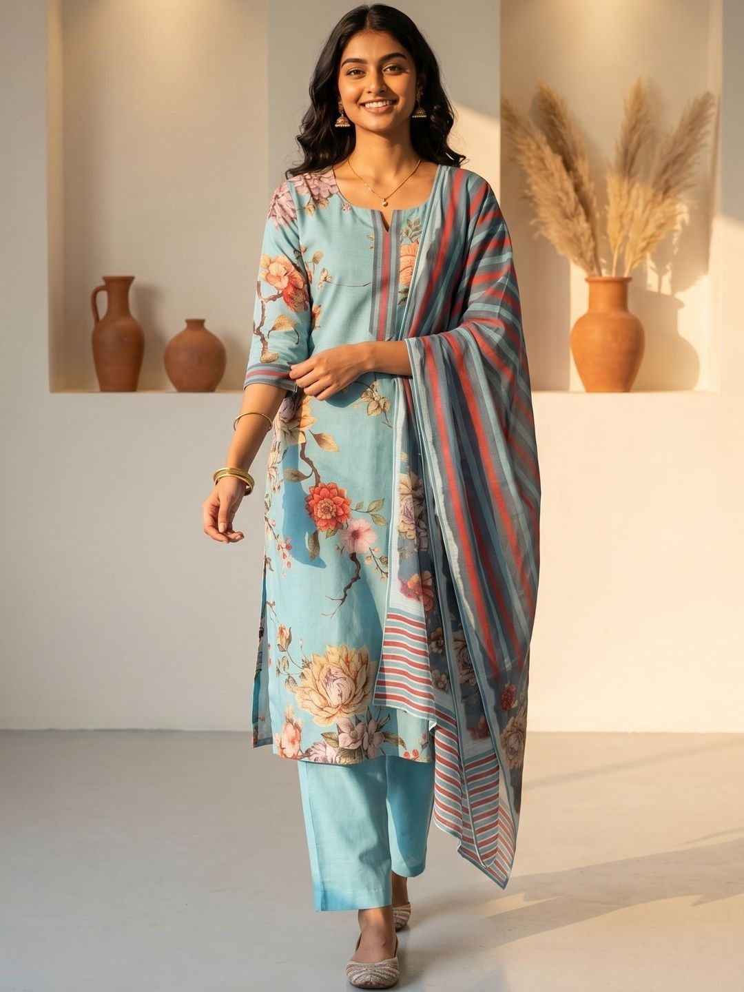 AANVI Women Floral Printed Regular Linen Kurta with Trousers & With Dupatta