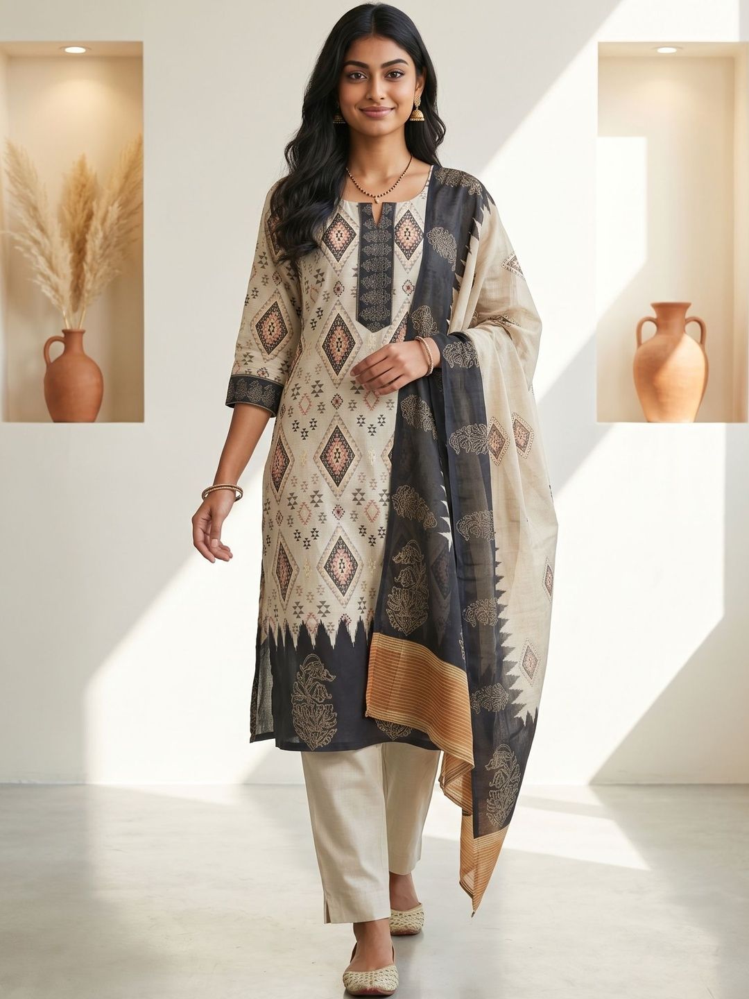 AANVI Women Printed Regular Linen Kurta with Trousers & With Dupatta