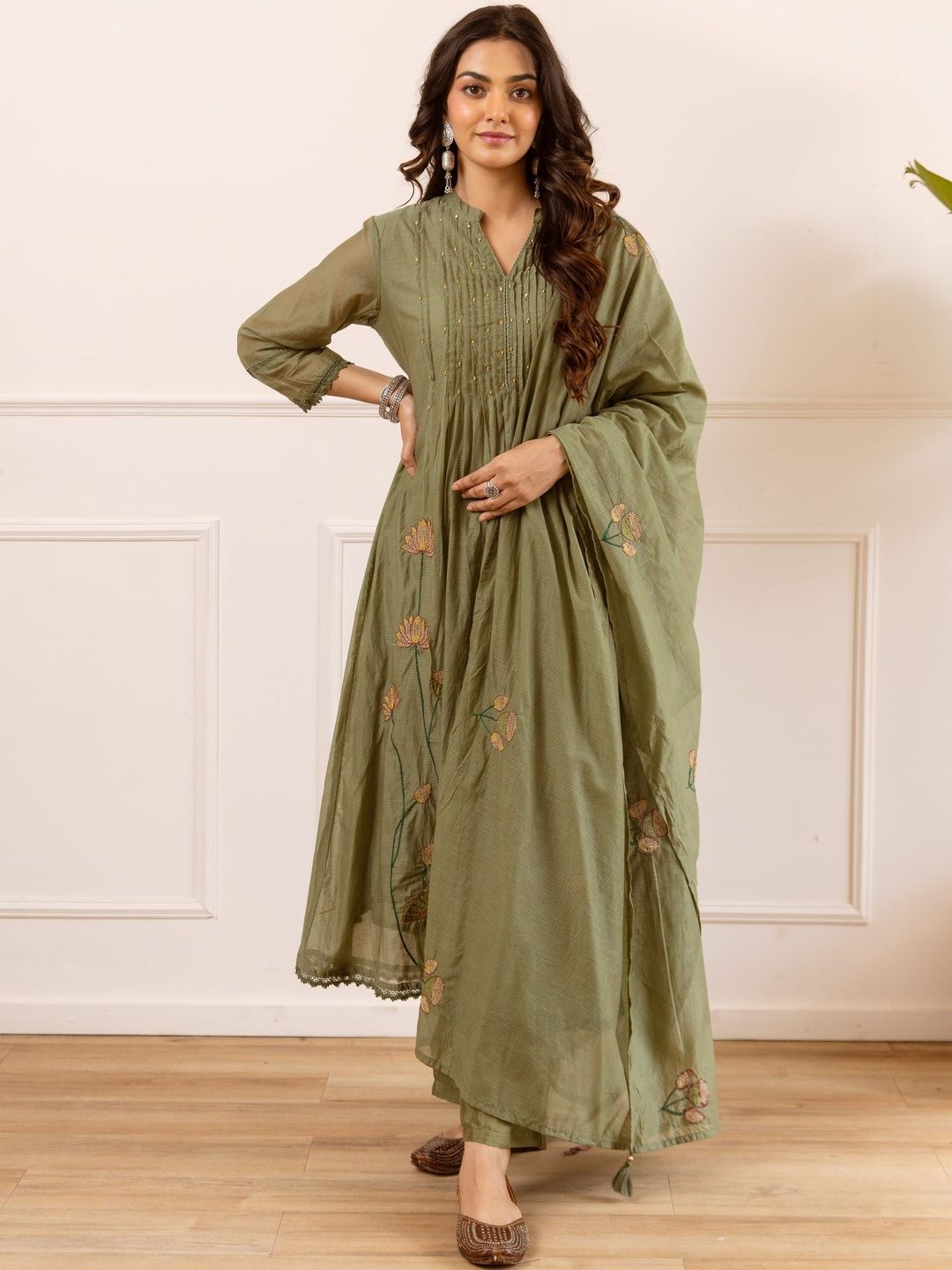 Sangria Embroidered Mandarin Collar Kurta & Trousers With Dupatta Kurta Set