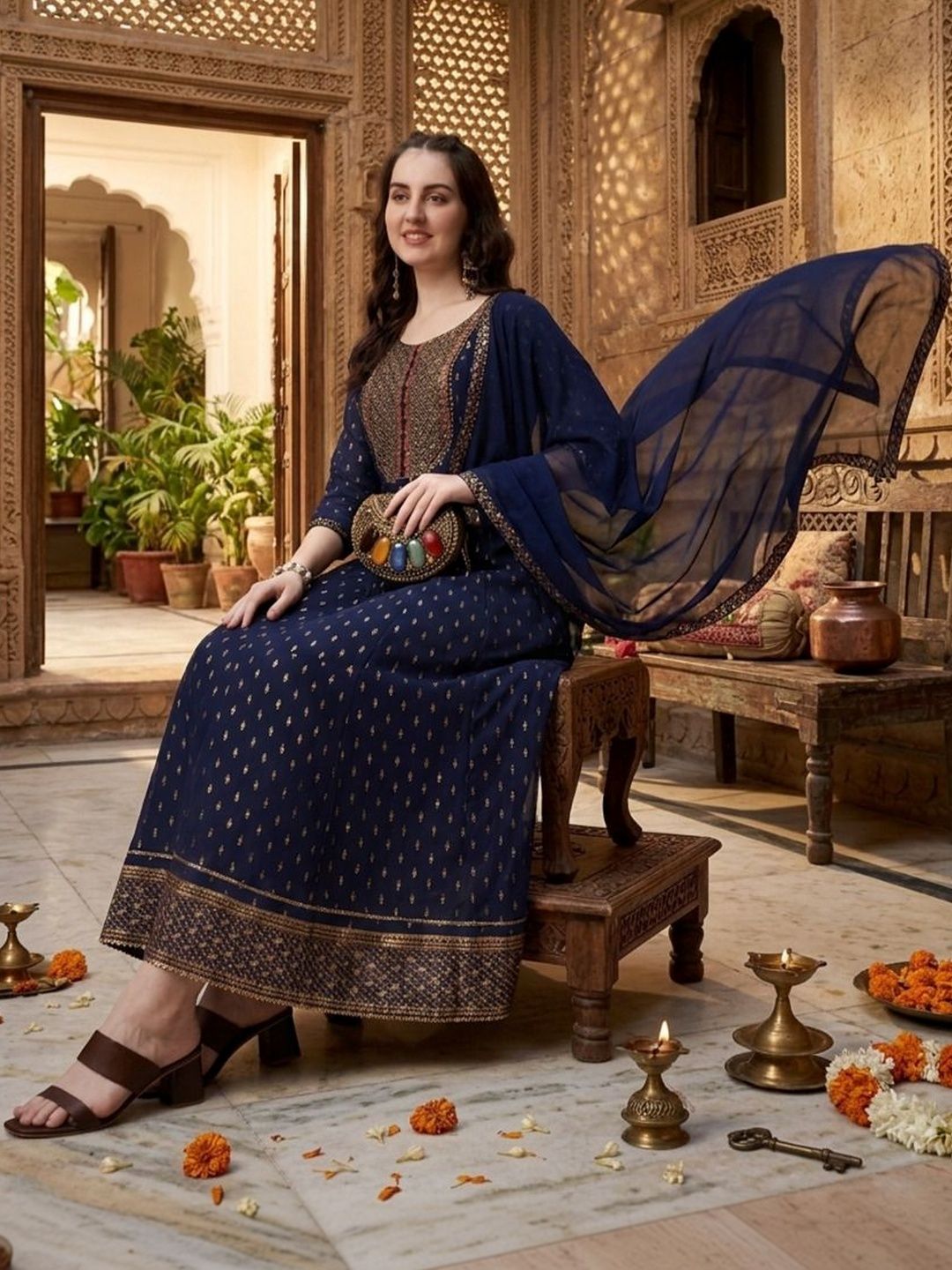 QUEENSFAB Women Ethnic Motifs Printed Regular Thread Work Kurta with Trousers & With Dupatta