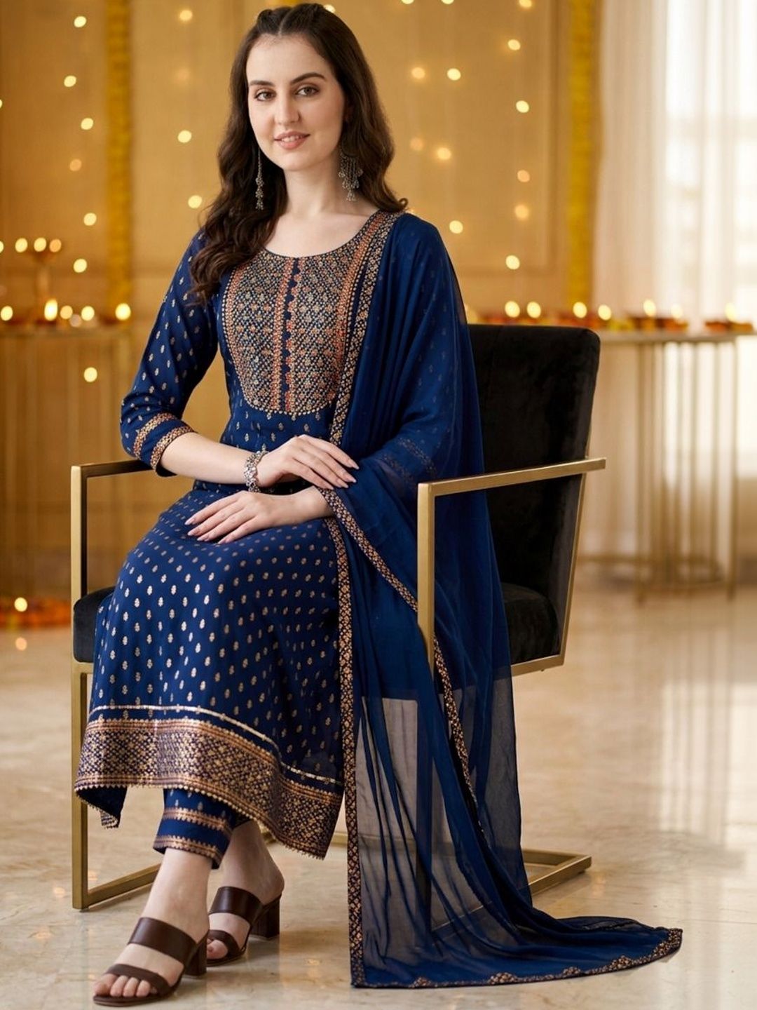 QUEENSFAB Ethnic Motifs Printed Regular Thread Work Kurta with Trousers & With Dupatta