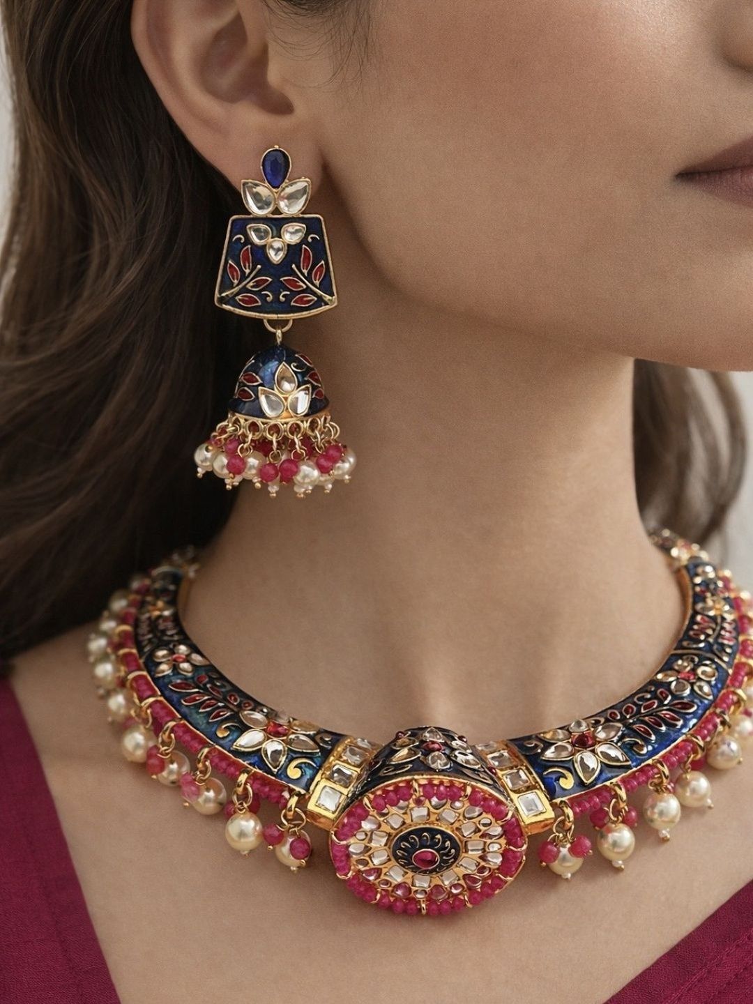 Zeviel Gold-Plated Meenakari Stone Studded & Beaded Necklace and Earrings