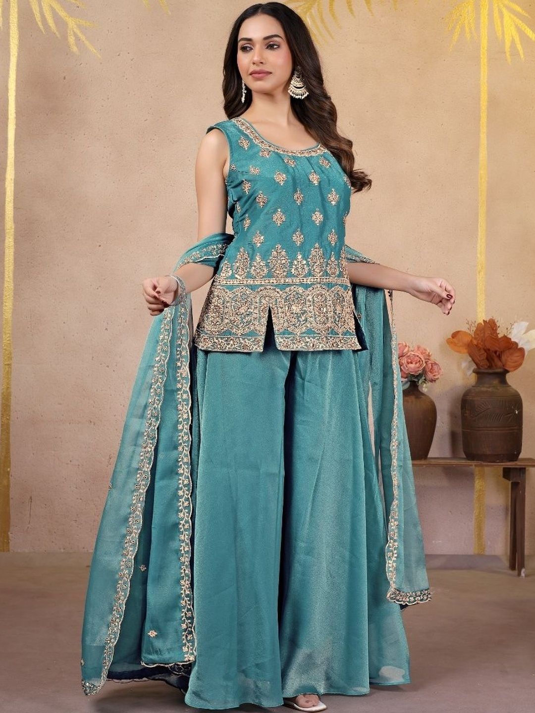 KUKUME Women Ethnic Motifs Embroidered Regular Thread Work Kurta with Palazzos & With Dupatta