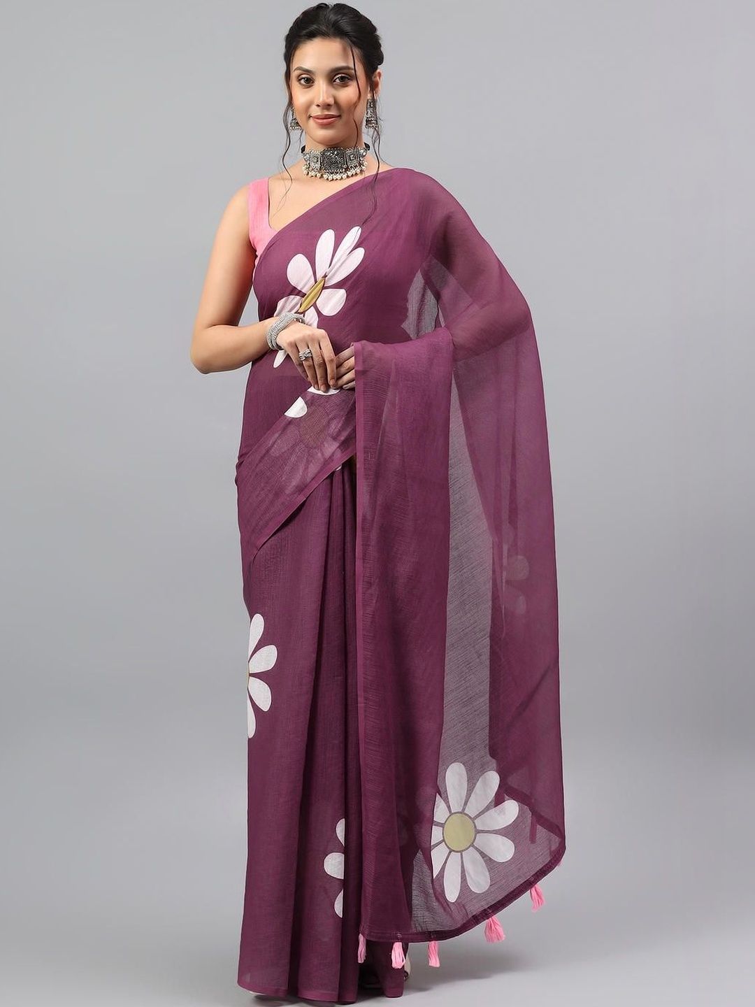 SAMANTHA Floral Printed Zari Linen Blend Saree