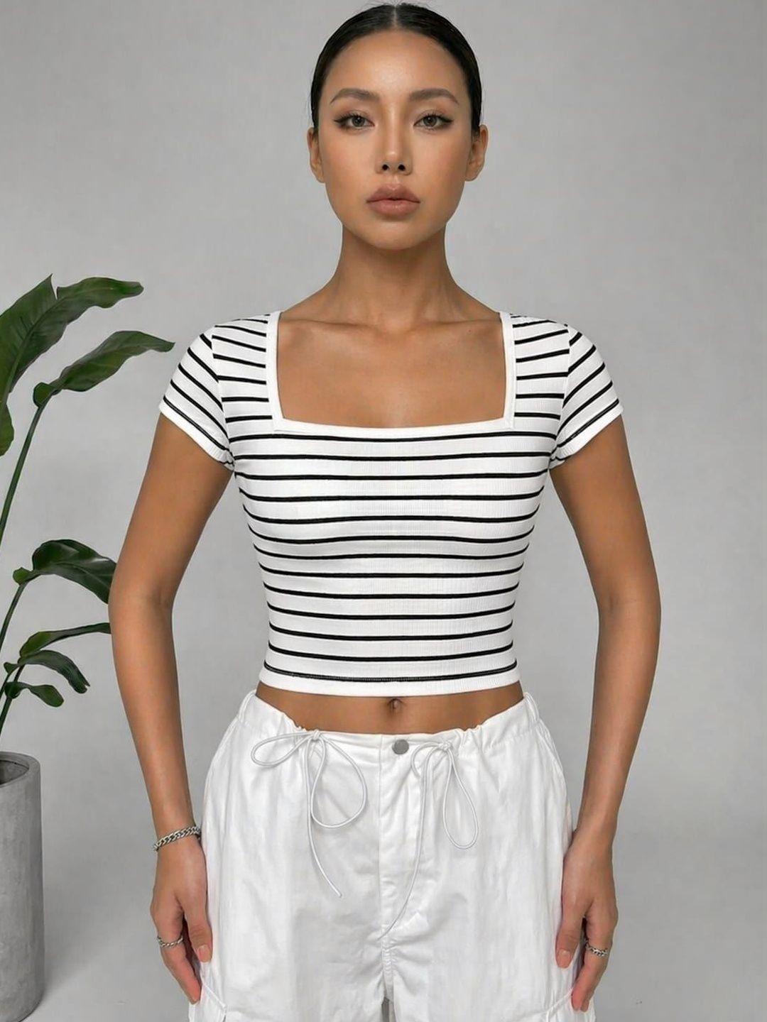 ZEROZABAR Striped Cotton Blend Crop Top
