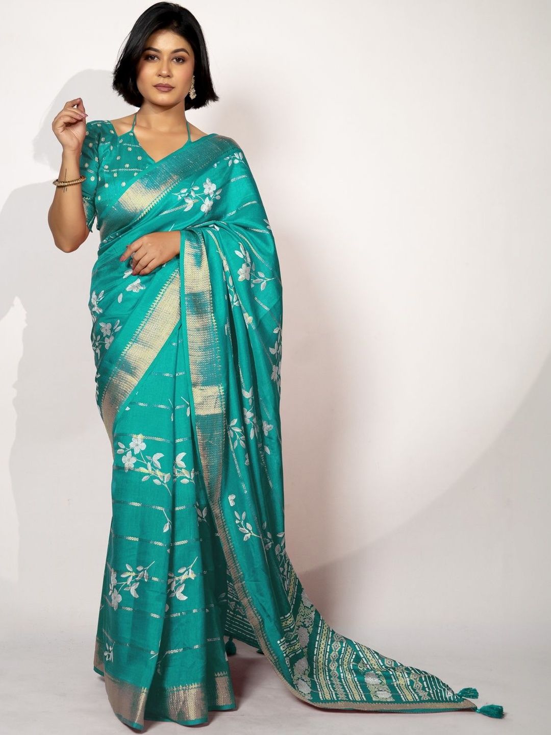MIRCHI FASHION Floral Printed Woven Design Silk Cotton Saree