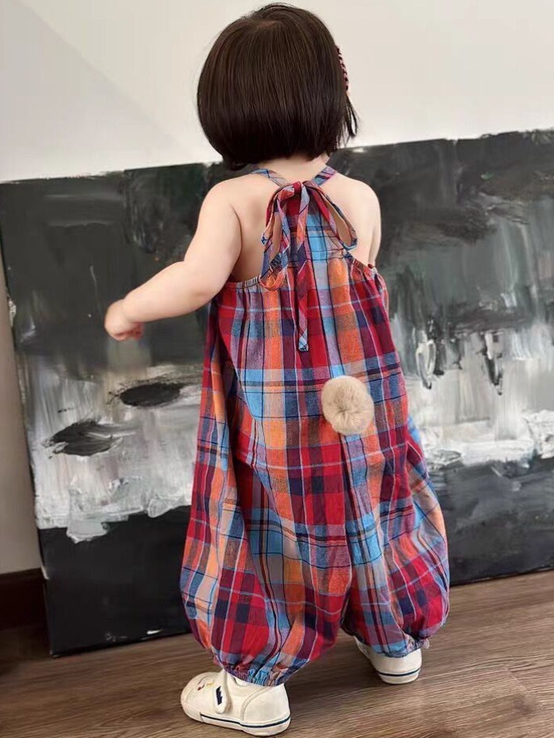 Girls Halter Neck Checked Basic Jumpsuit 2