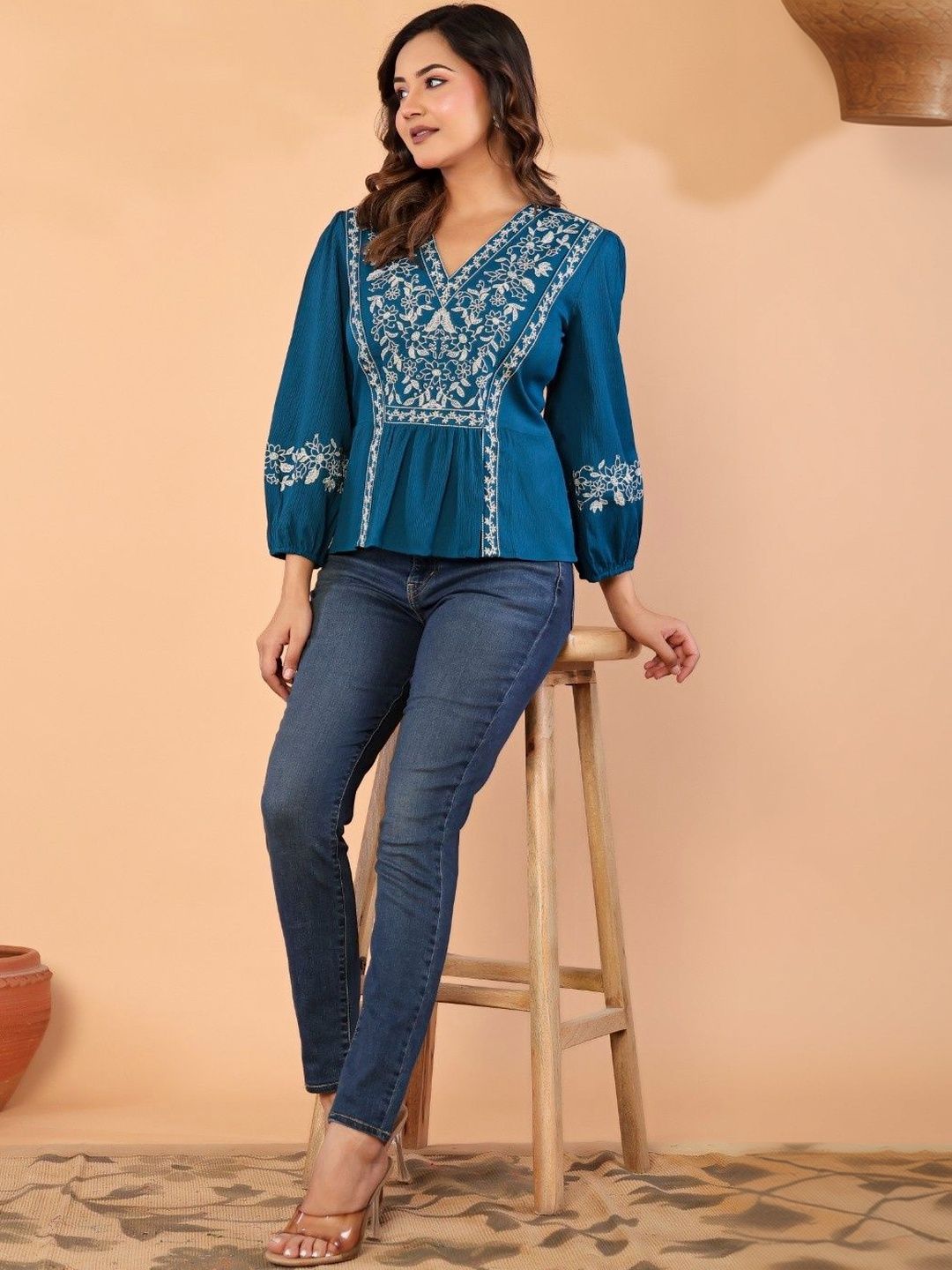 BANDIA Embellished Embroidered Ethnic Crepe Top