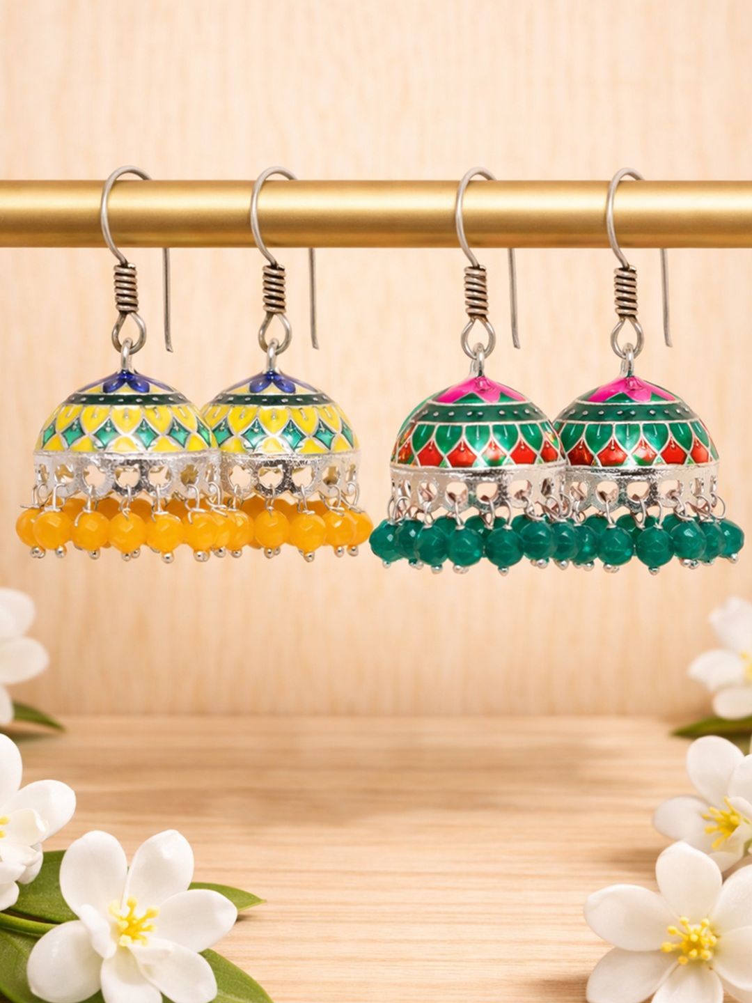 OOMPH Pack of 2 Yellow & Green Meenakari Jhumka Earrings