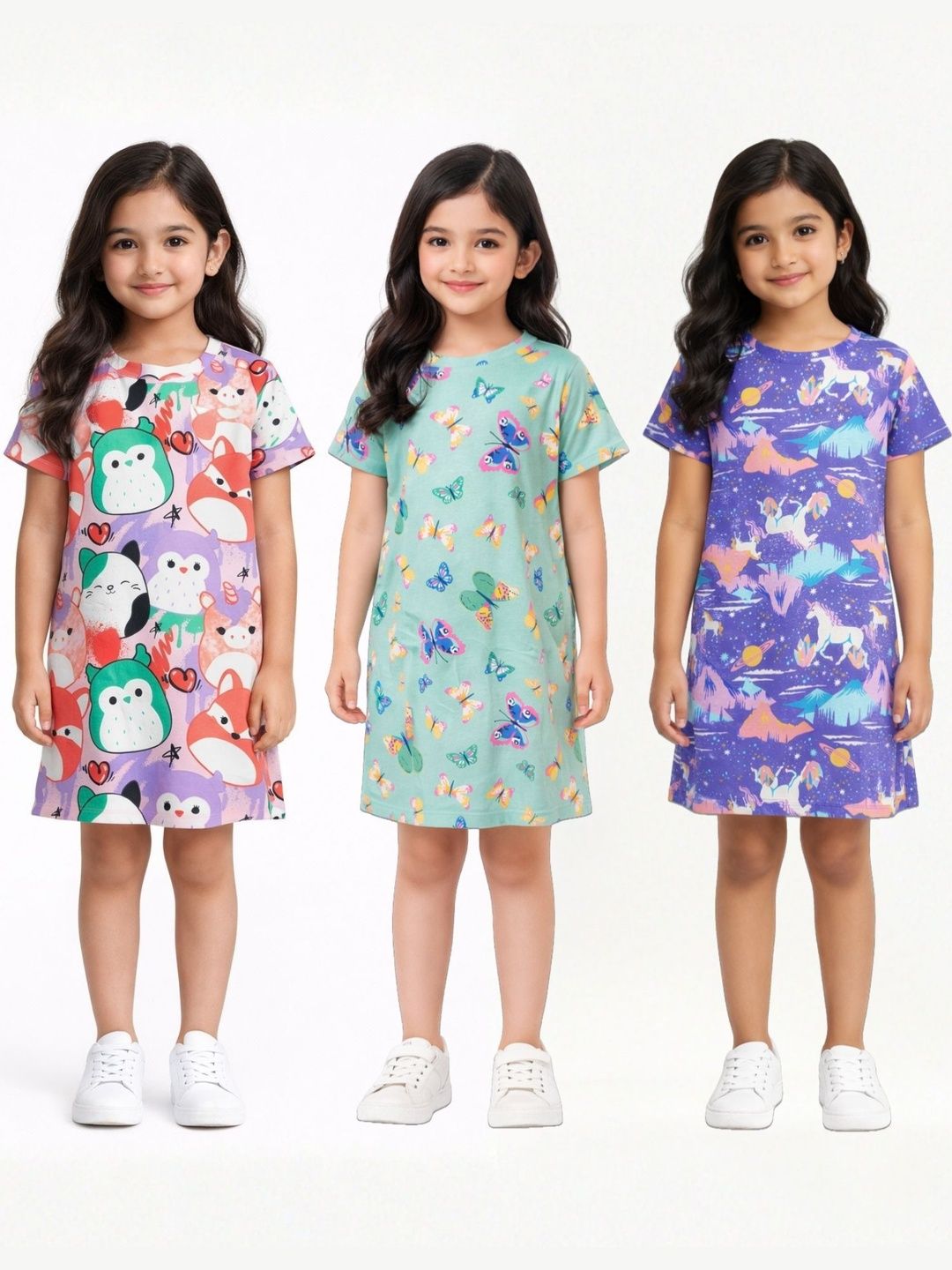 Kids Girls Pack of 3 Graphic Printed Cotton Short Sleeve Nightdresses