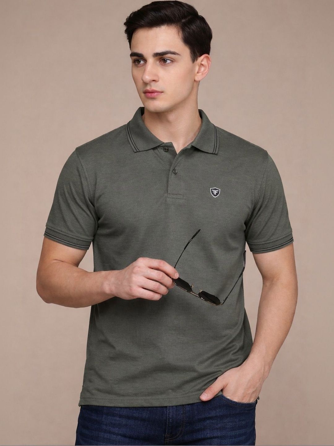 FEVERFEW Men Brand Logo Polo Collar Pockets T-shirt