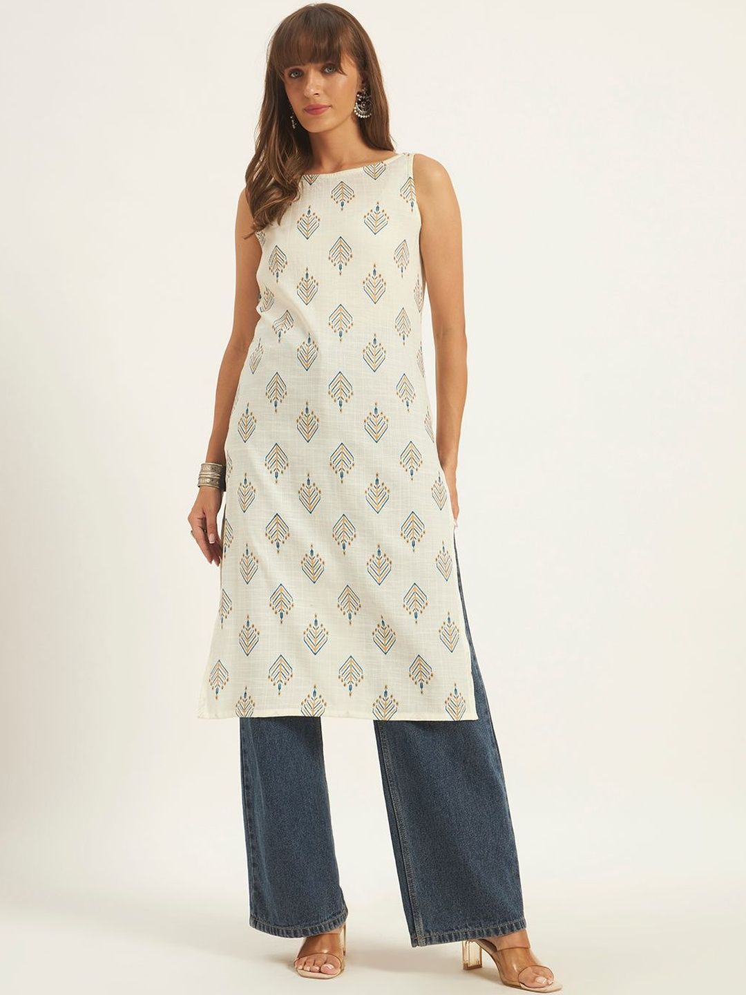 ROSEMELON Geometric Printed Boat Neck Kurti