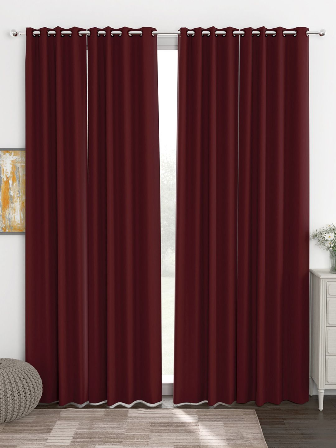 Story@Home Faux Silk Solid 300GSM Maroon Room Darkening Blackout Door Curtain - Set of 4