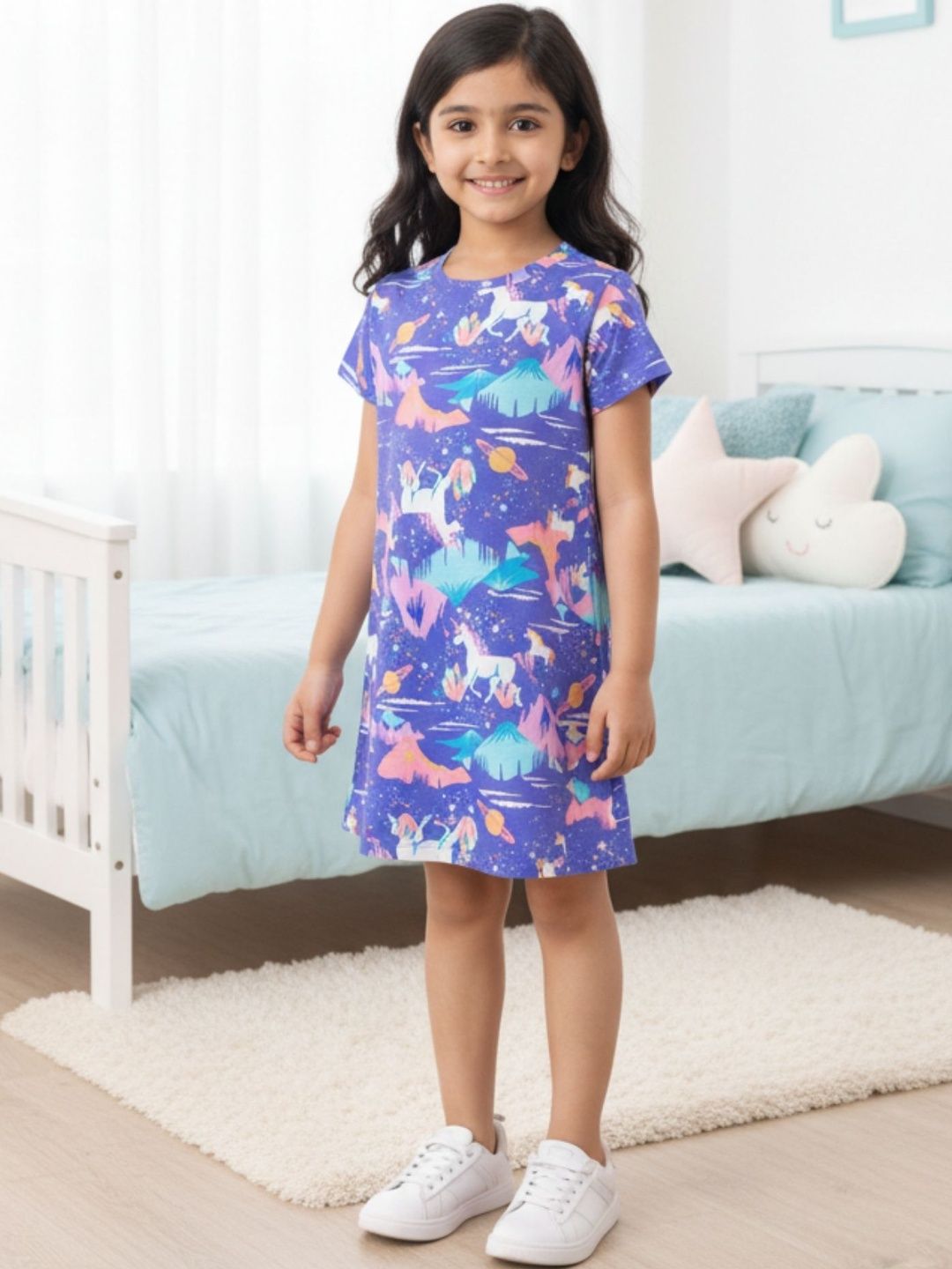 Kids Girls Pack of 3 Graphic Printed Cotton Short Sleeve Nightdresses 4