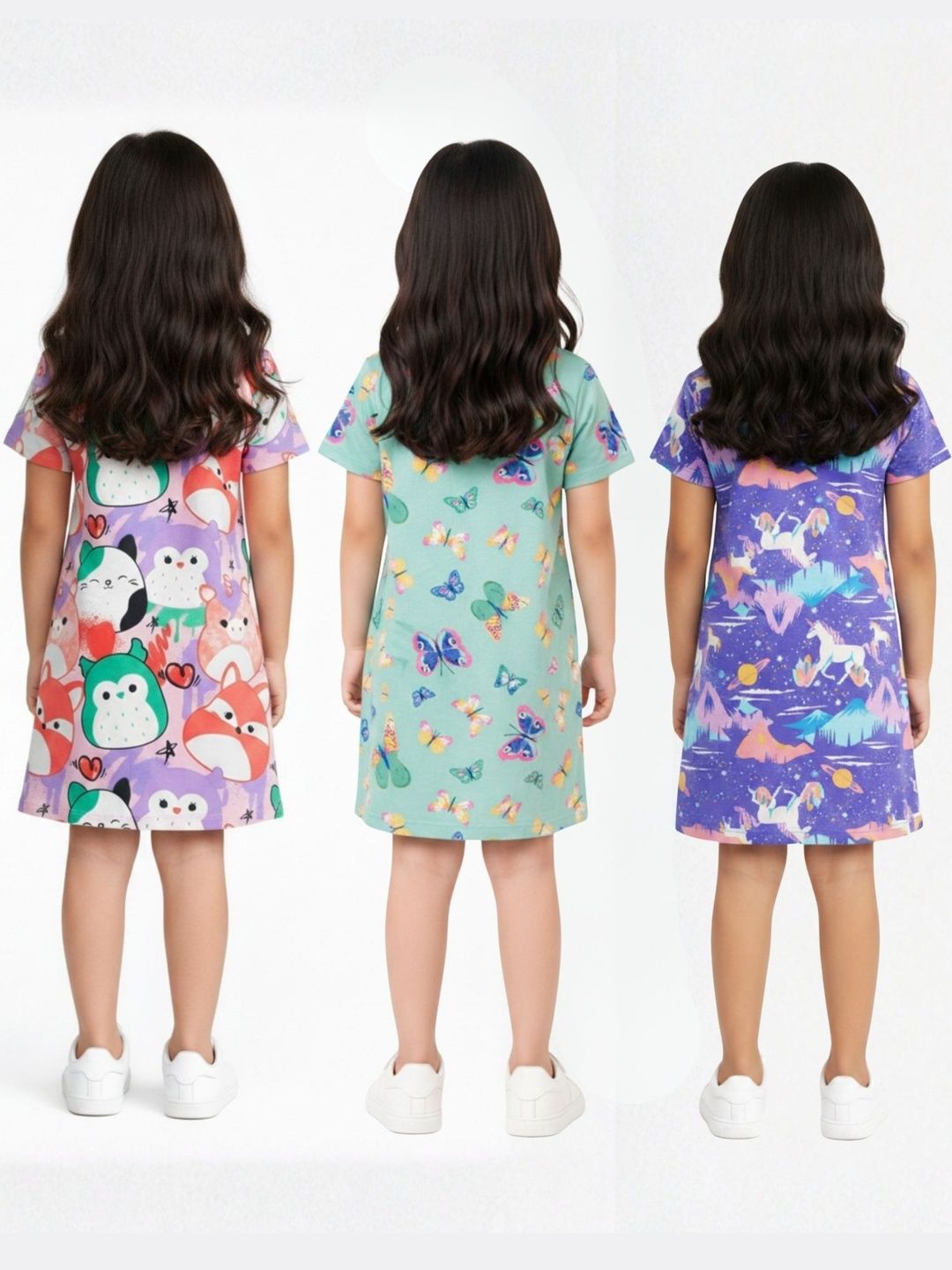 Kids Girls Pack of 3 Graphic Printed Cotton Short Sleeve Nightdresses 6
