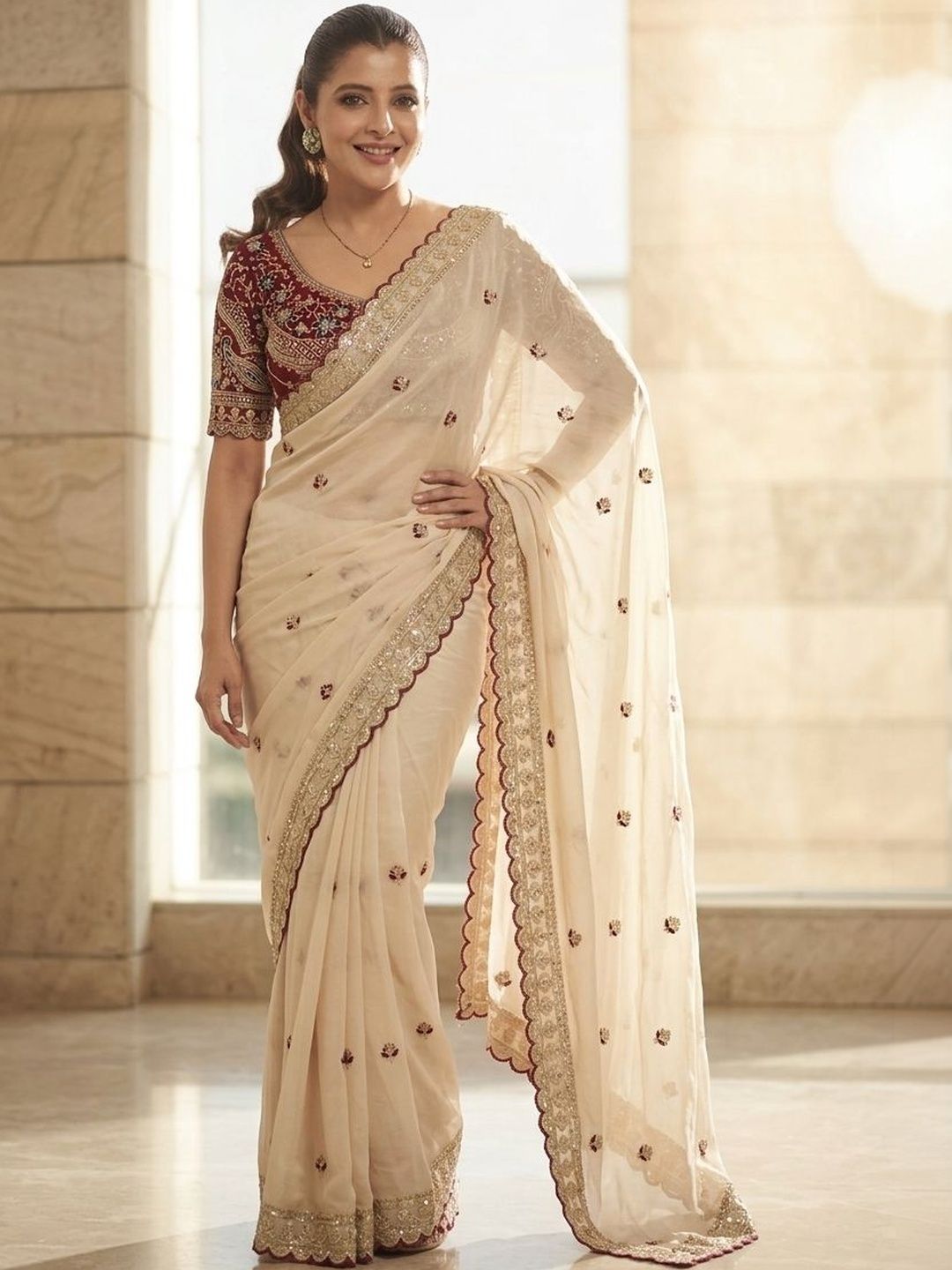 Sangria Embellished Embroidered Sequinned Sarees With Blouse Piece