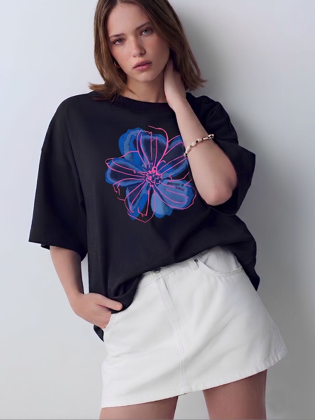 SMARTEES Women Floral Printed Drop-Shoulder Sleeves T-shirt