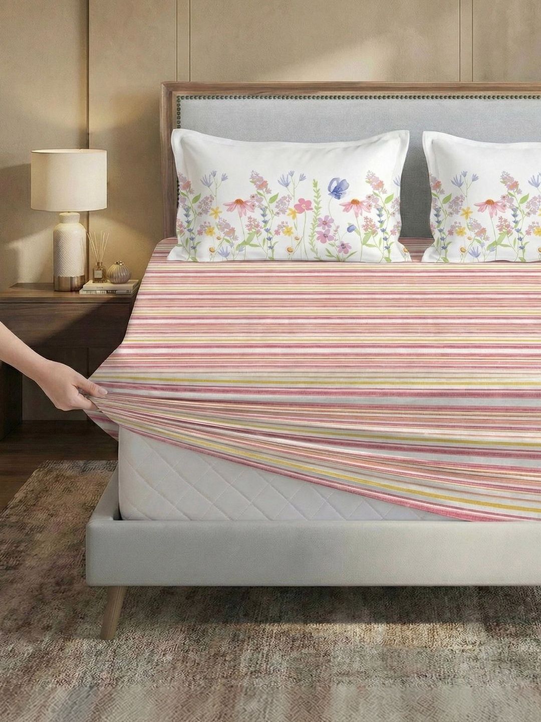 Buy MYTRIDENT White Striped 210 TC King Bedsheet With 2 Pillow Covers -  - Home for Unisex
