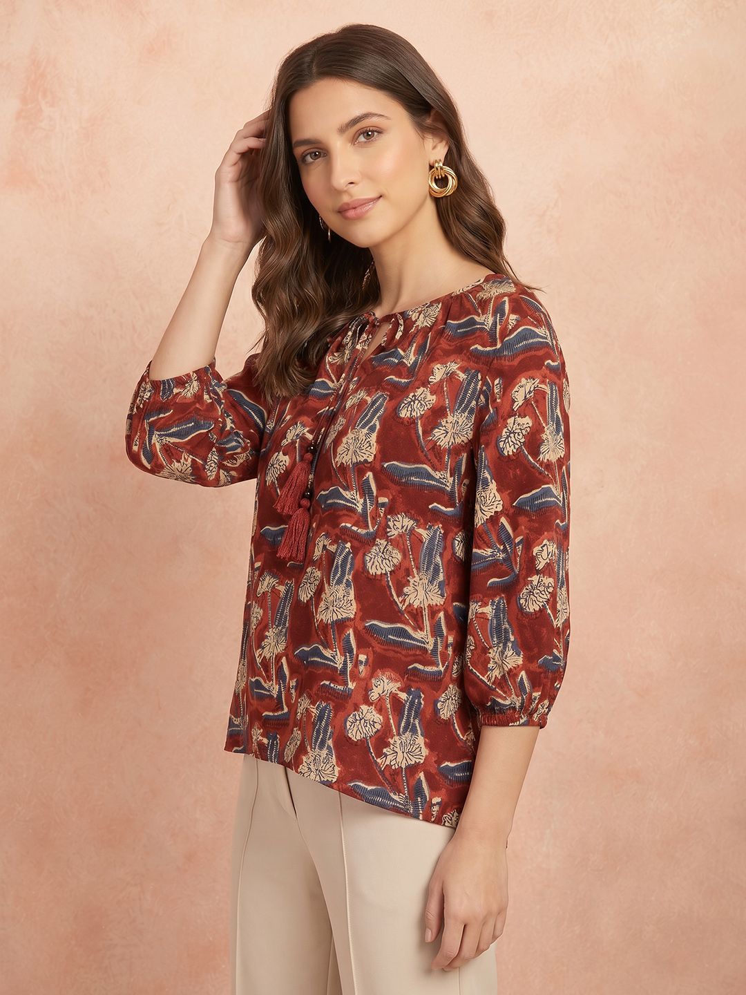 all about you Floral Printed Tie-Up Neck Puff Sleeve Top
