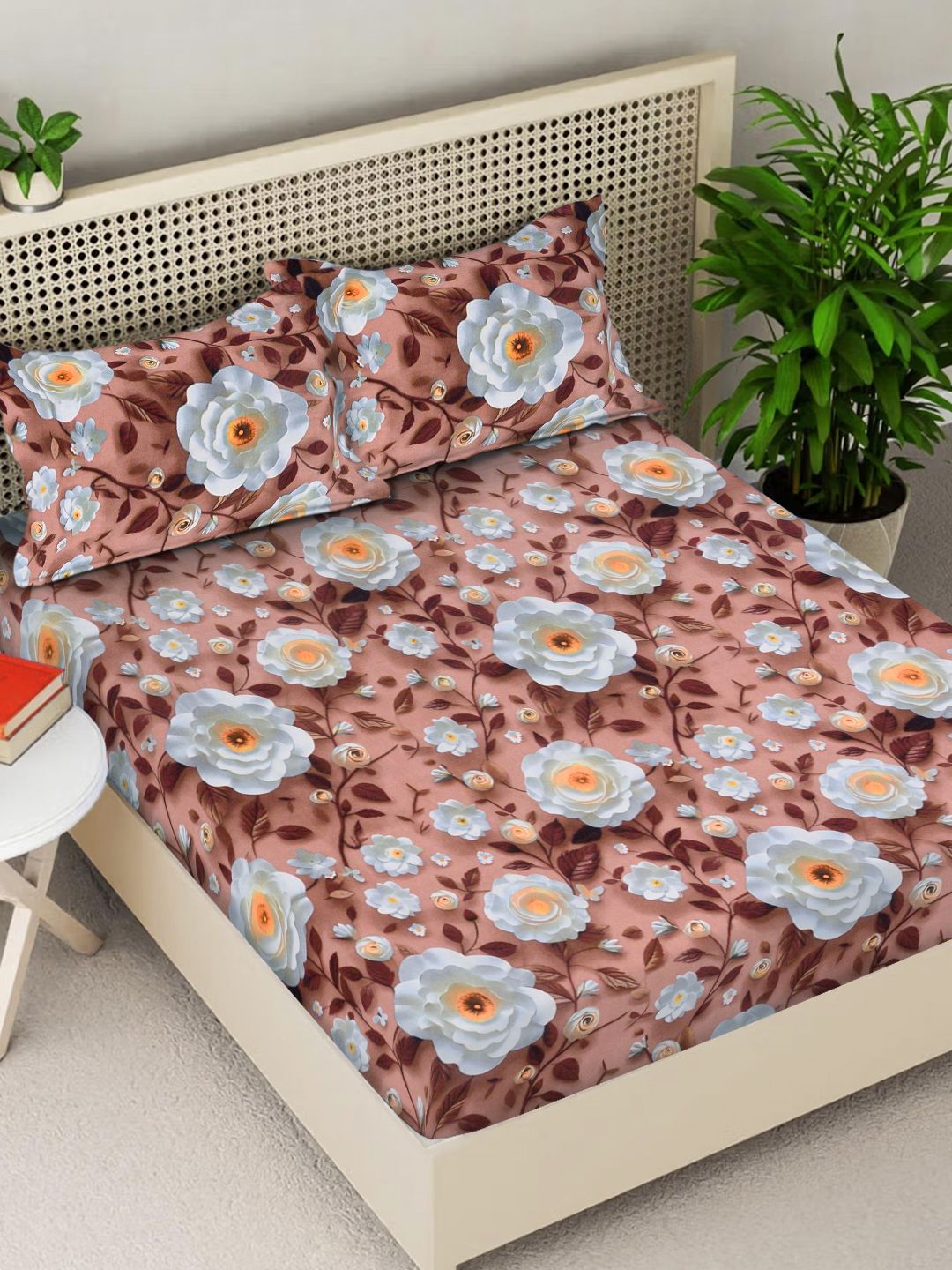 Buy Myntra Elegant Homes Brown Floral 300 TC King Size Fitted 7D Bedsheet & 2 Pillow Covers -  - Home for Unisex