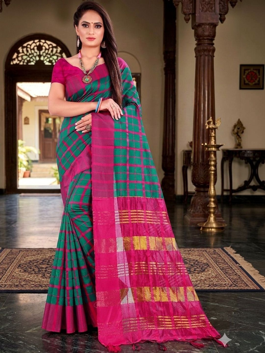 PRIYANSH CREATION Checked Zari Silk Cotton Uppada Saree