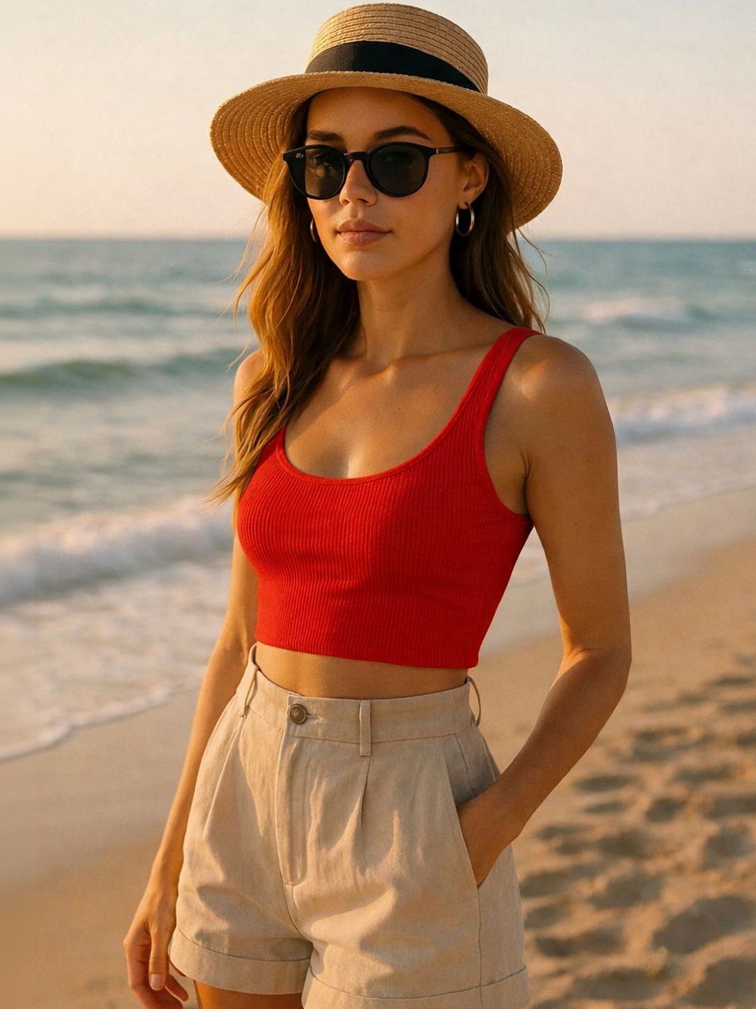 KERI PERRY  Ribbed Square Neck Sleeveless Crop Top