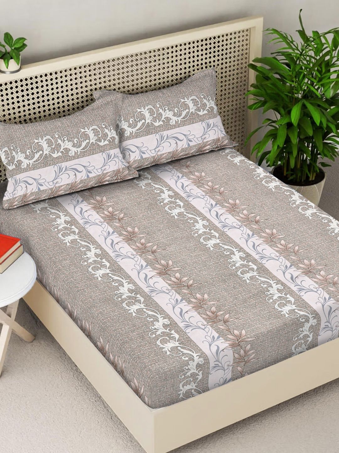 Buy FABINALIV Grey Floral 300 TC Bedsheet With 2 Pillow Covers -  - Home for Unisex