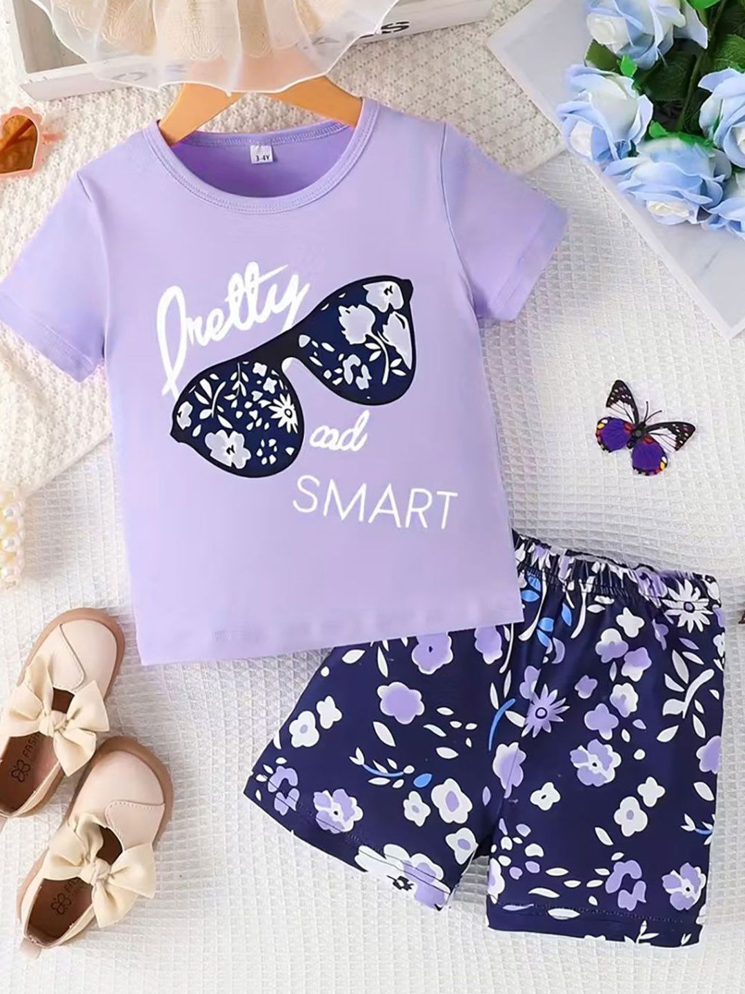 KEESOR Girls Printed T-shirt with Shorts Cotton Half Sleeve Clothing Set