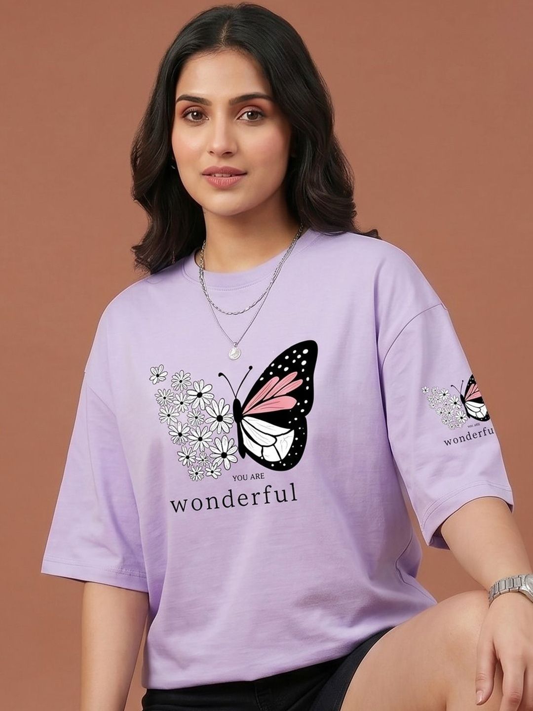 ADDYVERO Women Printed Drop-Shoulder Sleeves T-shirt