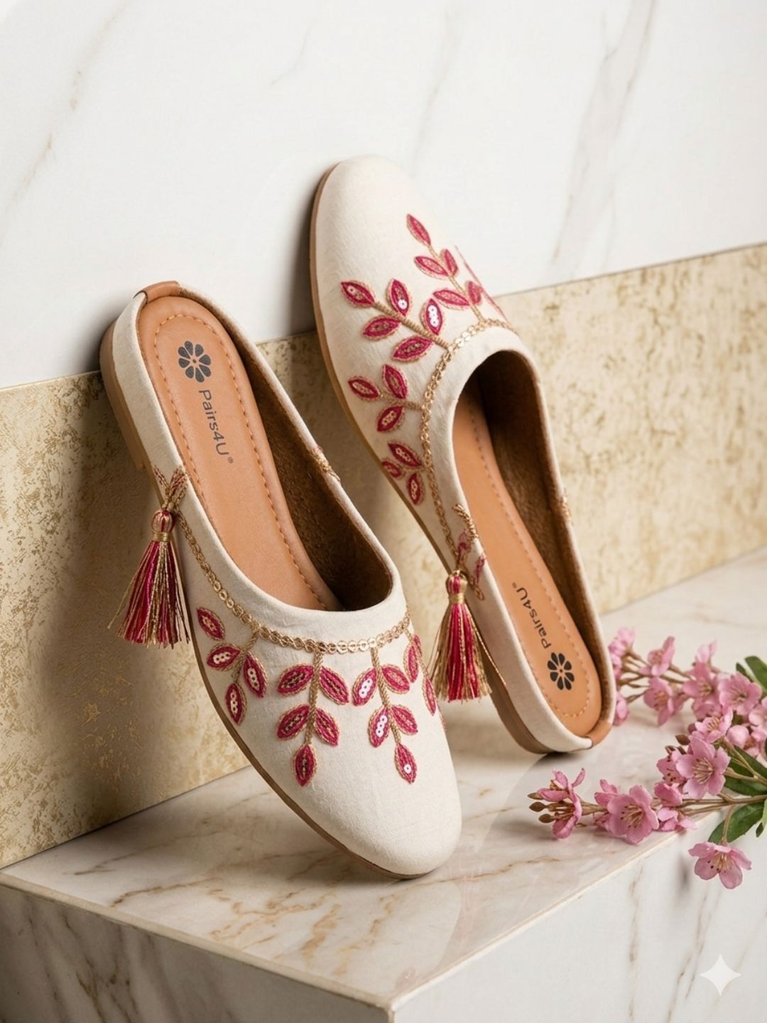Pairs4U Women Embellished Ethnic Mules with Embroidered Flats