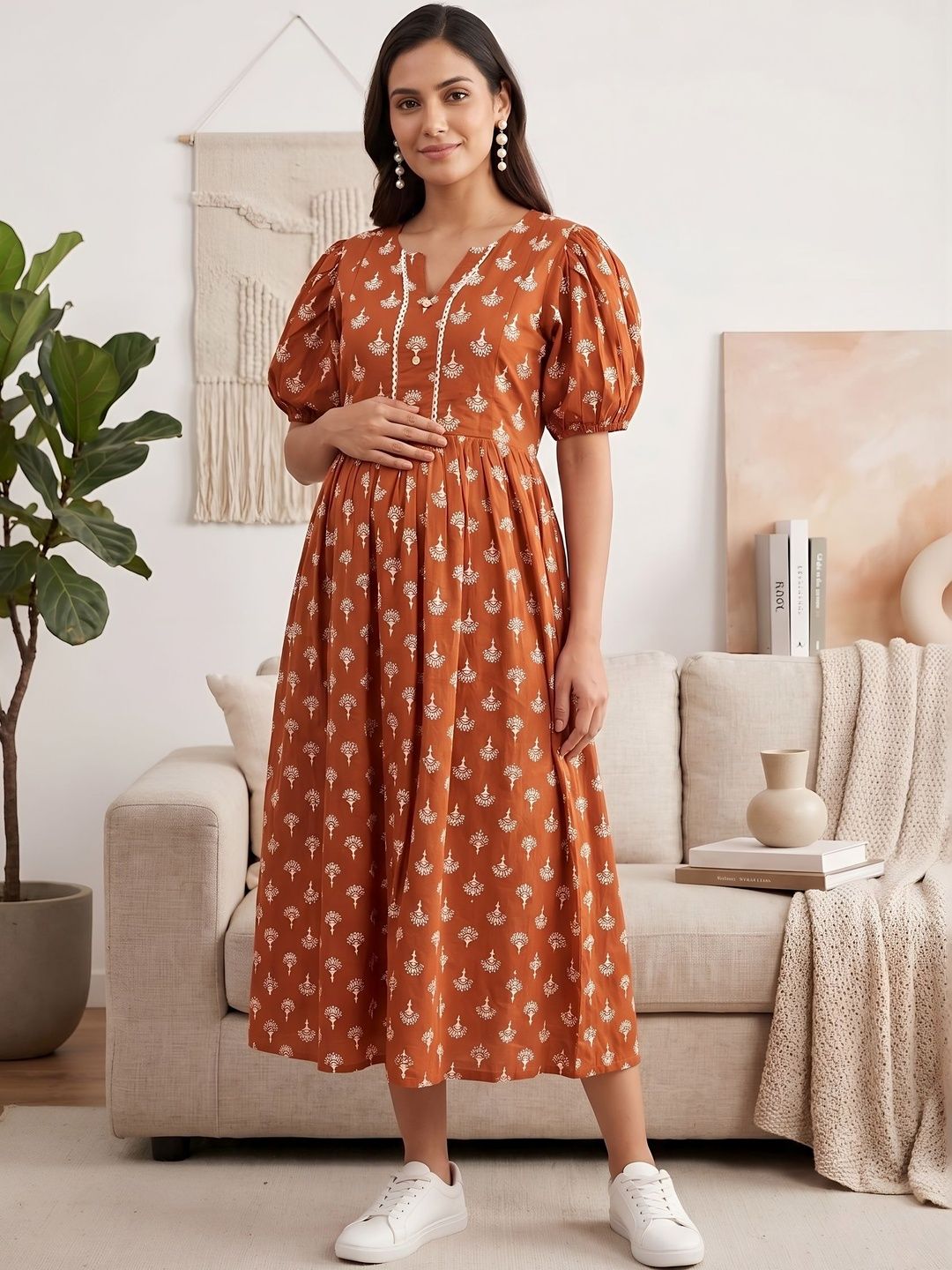Nayo Ethnic Motifs Print Puff Sleeve Maternity A-Line Midi Dress