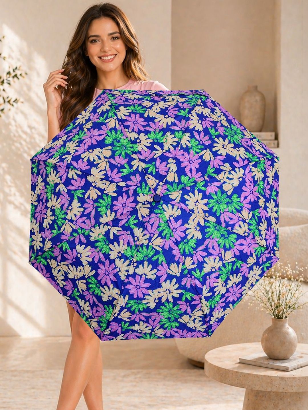 FABINALIV Blue Floral Auto ON/OFF Waterproof Automatic Compact 3 Fold Printed Umbrella