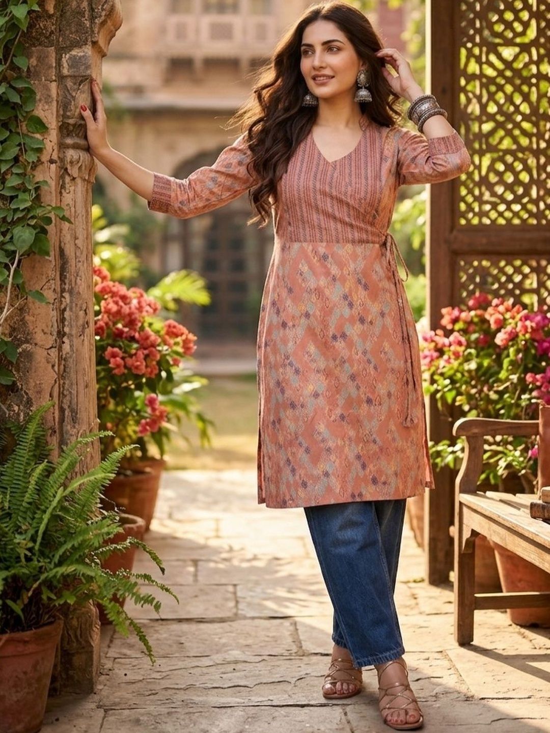 LARISHA Geometric Printed V-Neck Angrakha Kurti