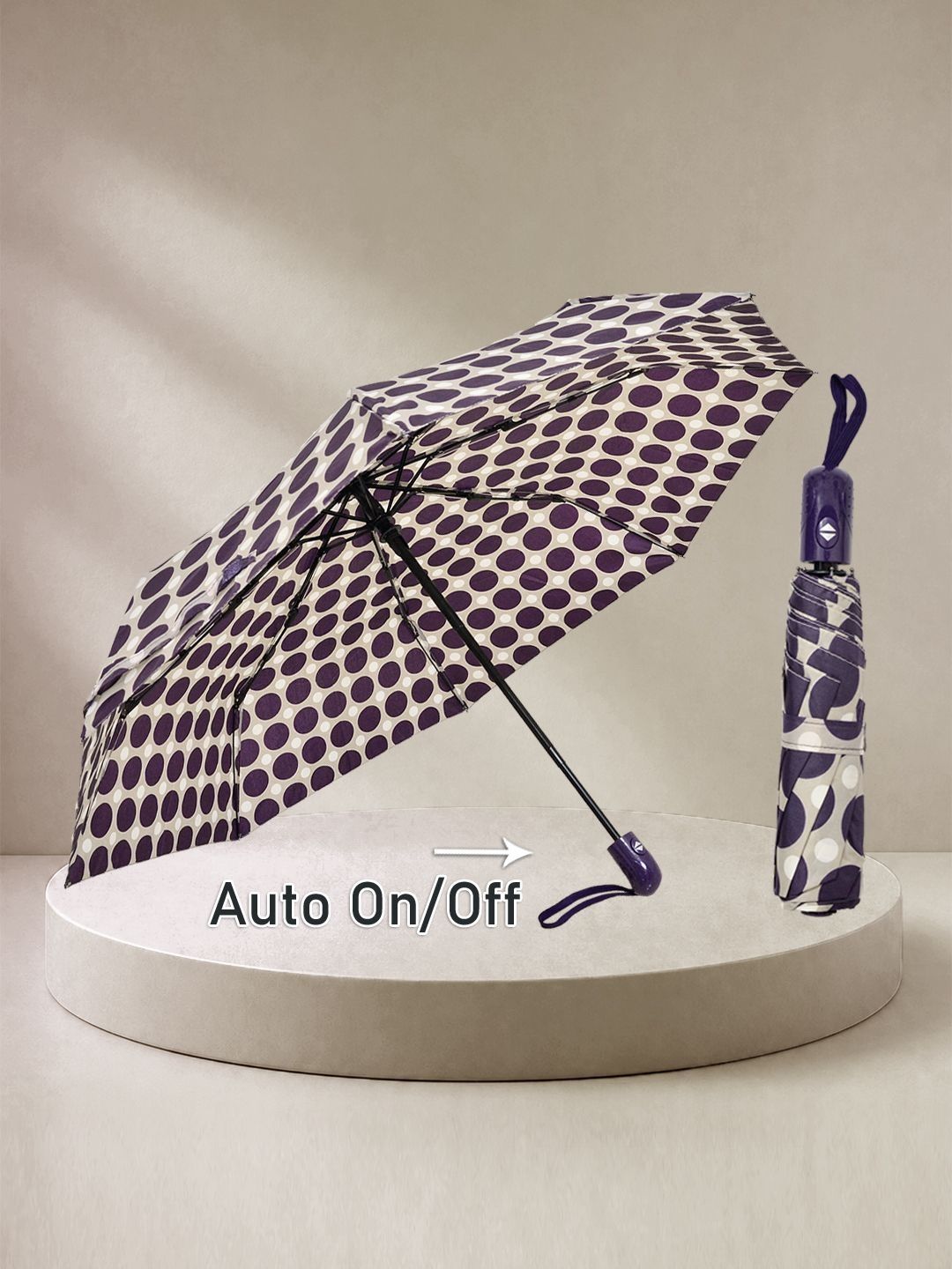 FABINALIV Purple Polka Dot Auto ON/OFF Waterproof  Compact 3 Fold Printed Umbrella