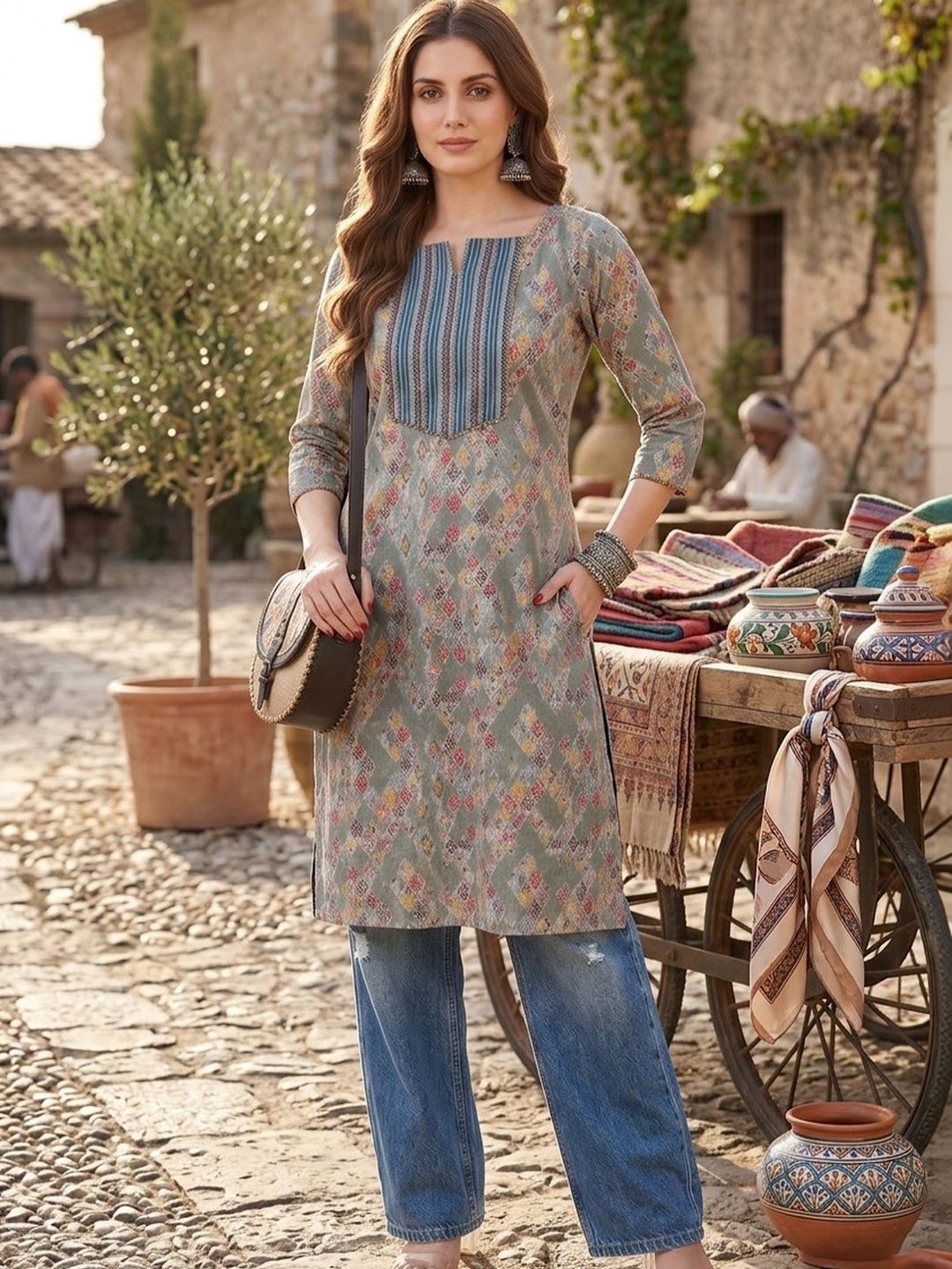 LARISHA Geometric Printed Boat Neck Kurti