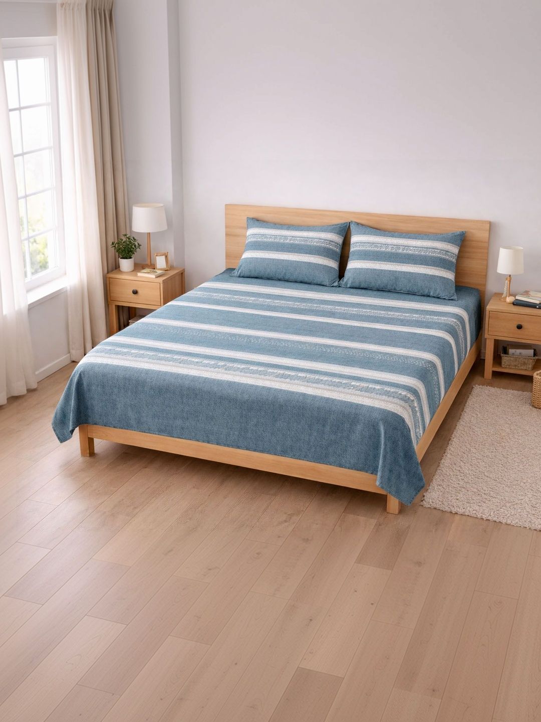 Buy AAZEEM Blue Striped 160 TC Queen Bedsheet With 2 Pillow Covers -  - Home for Unisex