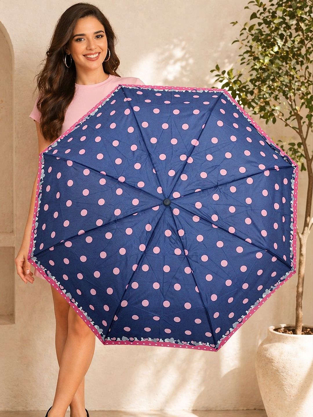 FABINALIV Navy Blue Polka Dot Auto ON/OFF Waterproof  Compact 3 Fold Printed Umbrella