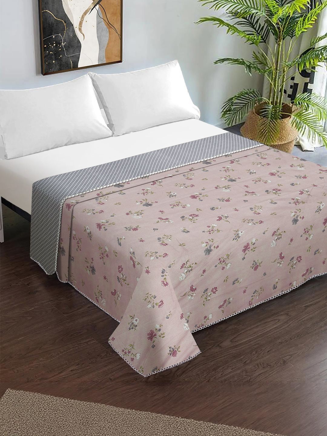 KLOTTHE Pink & Grey Floral Printed Lightweight 150 GSM Double Bed Dohar