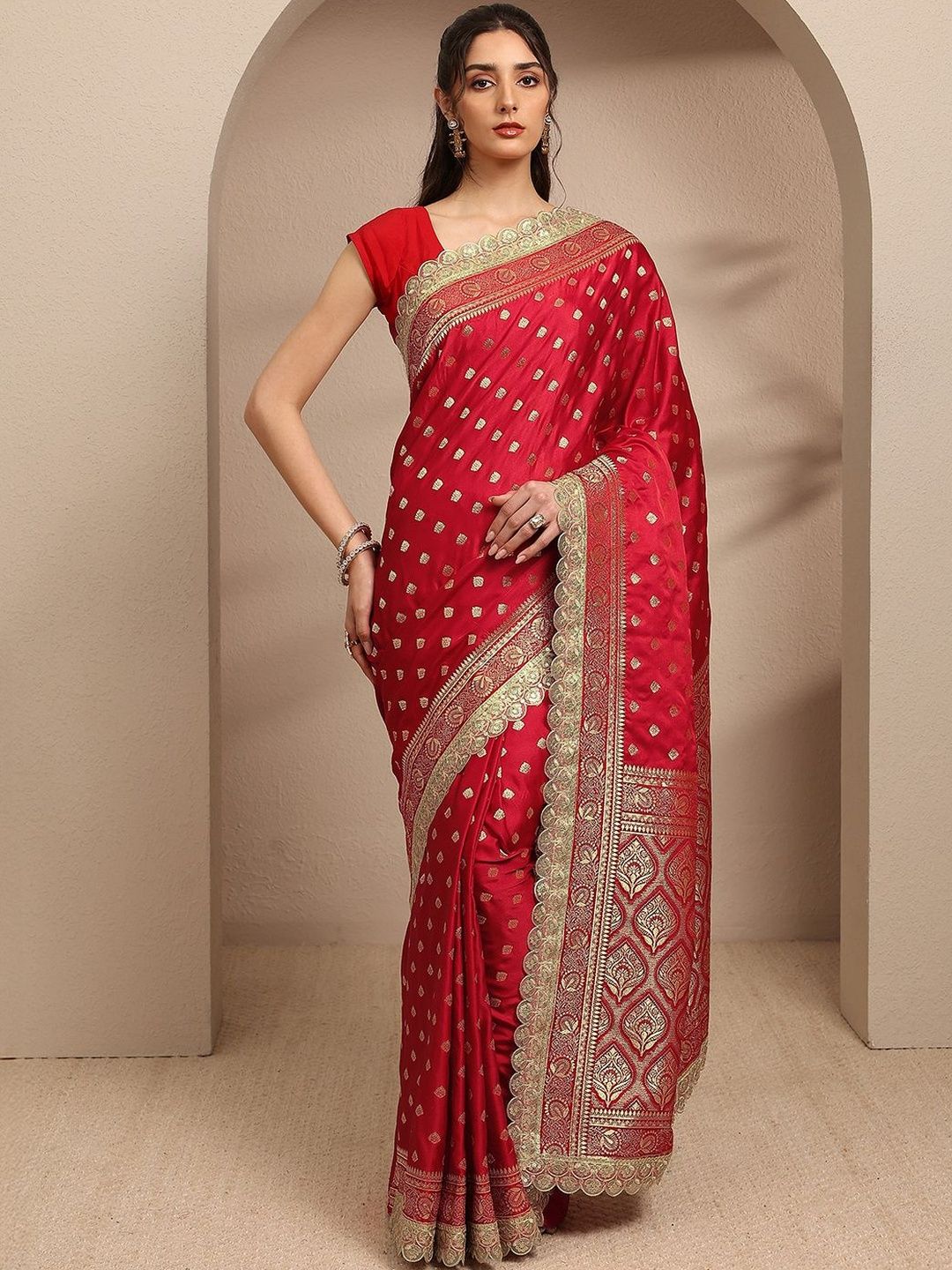 Libas Red Ethnic Motifs Woven Design Saree With Unstitched Blouse Piece