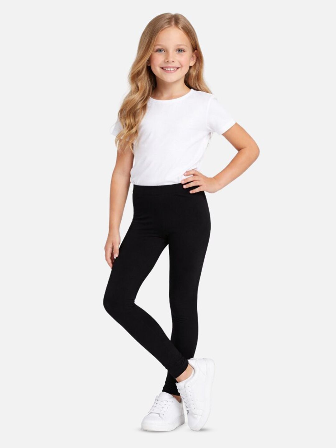Girls Pack Of 2 White & Black Solid Cotton Leggings 2
