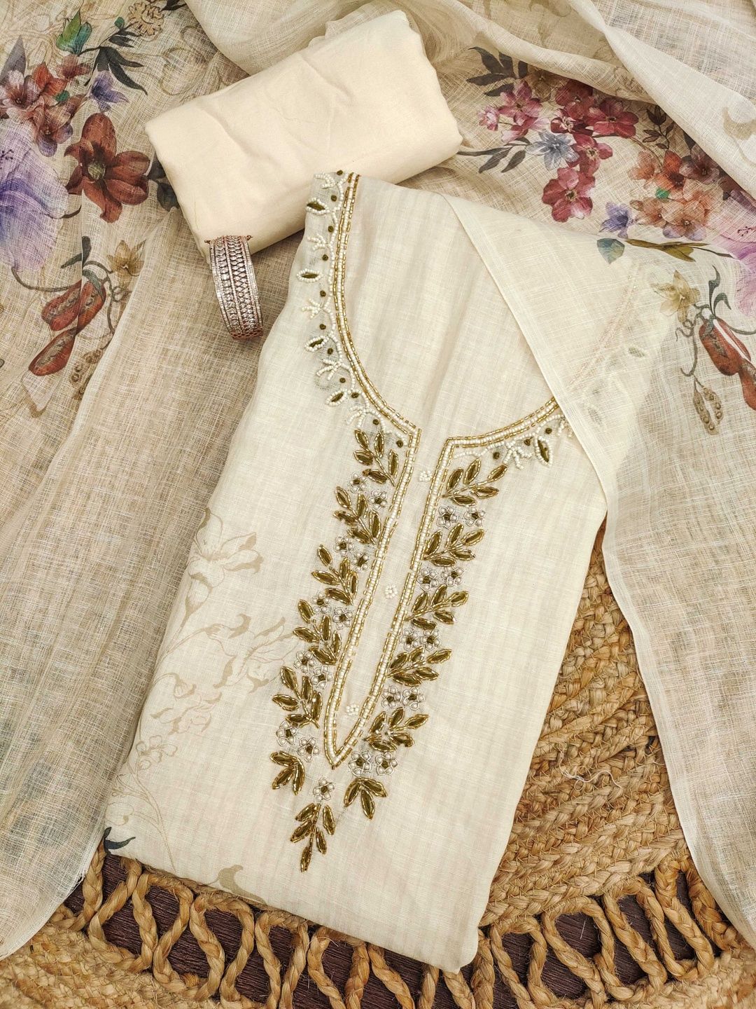 Dhaaga Ghar Embellished Linen Semi-Stitched Dress Material