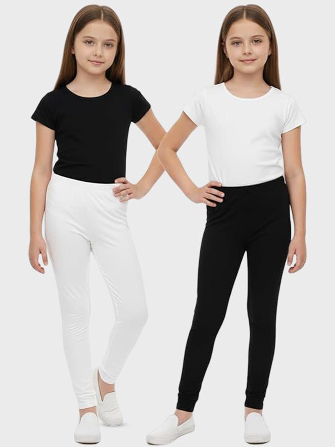 Girls Pack Of 2 White & Black Solid Cotton Leggings