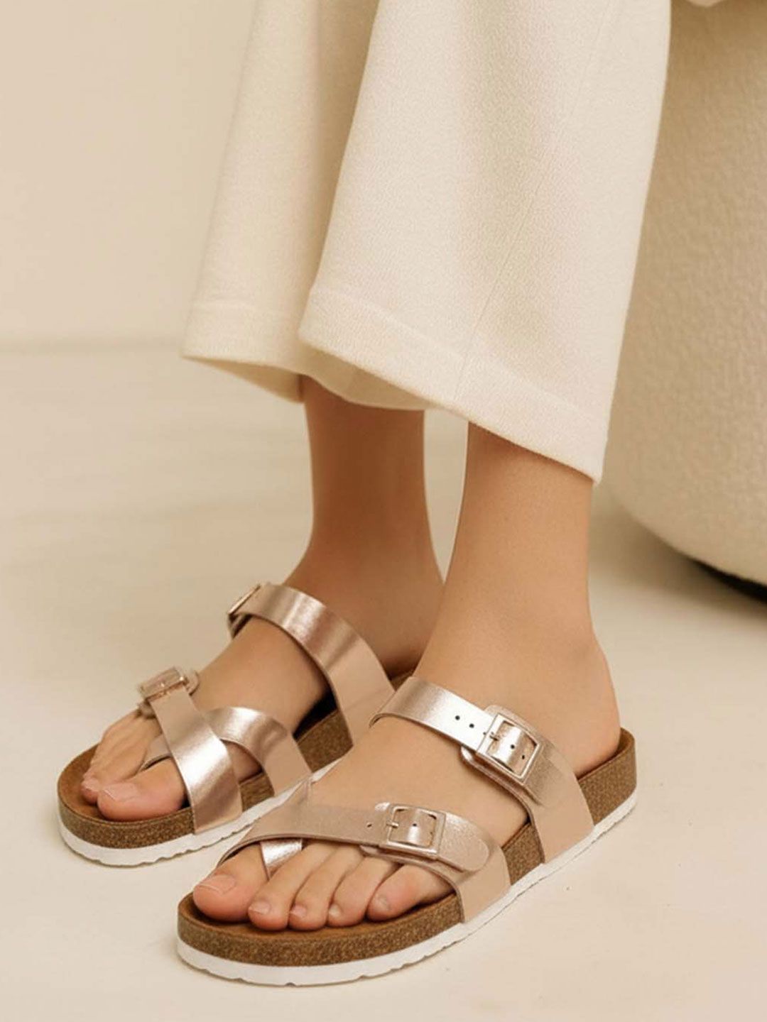 LYDC Women Rose Gold Comfort EVA Flat Sandals With Buckles