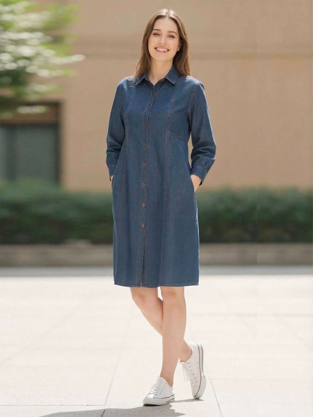 ADDYVERO Women Shirt Collar Denim Shirt Dress