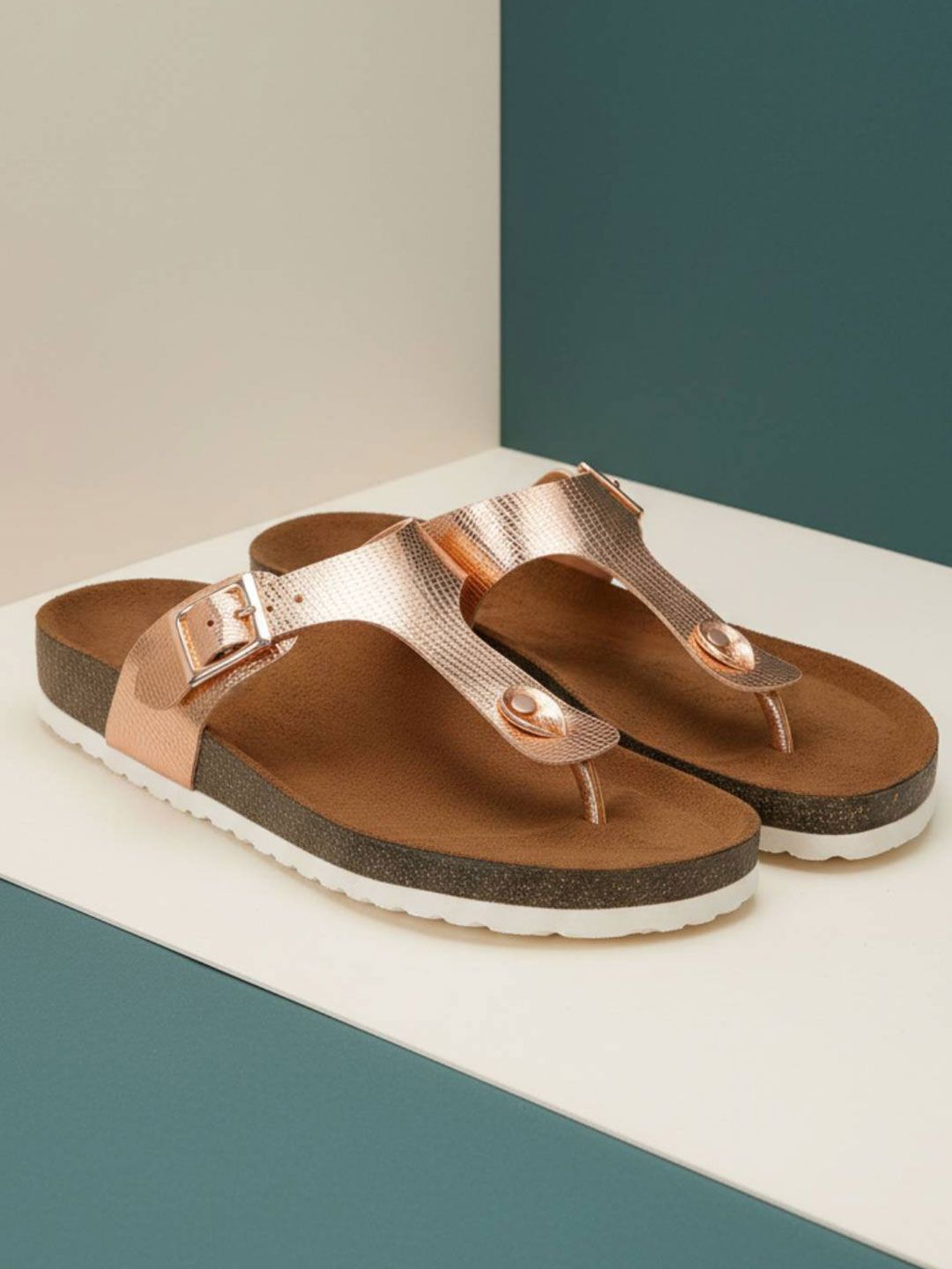 LYDC Women Rose Gold Comfort Flat Sandals with Buckles