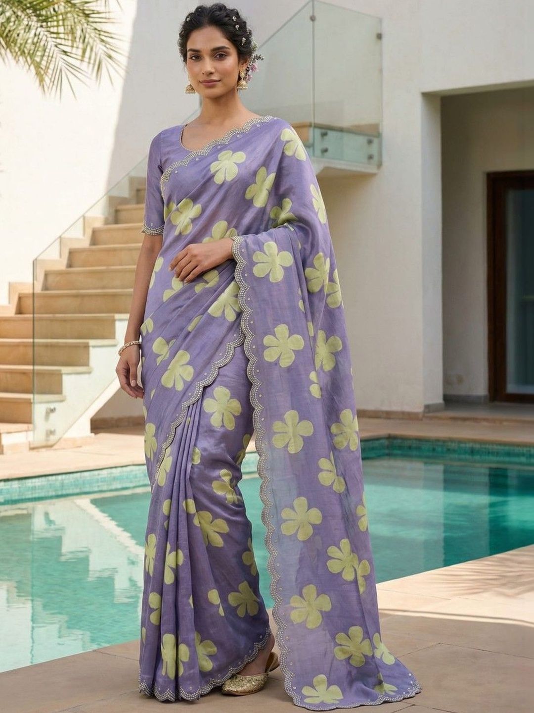 MEHARIKA Floral Embroidered Poly Chiffon Saree