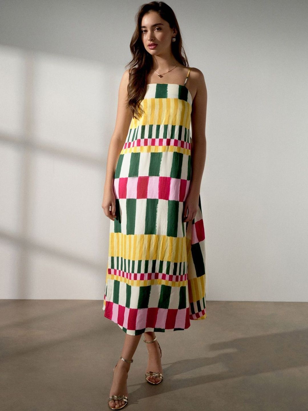 NEXT Geometric Printed Shoulder Straps A-Line Midi Dress