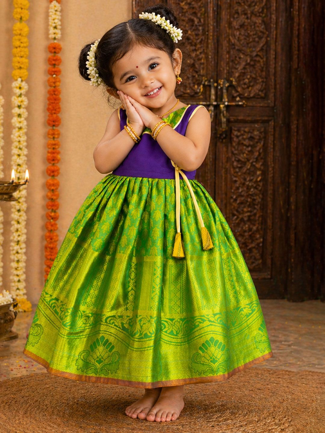 Girls Ethnic Motifs Fit & Flare Pattu Frock 4