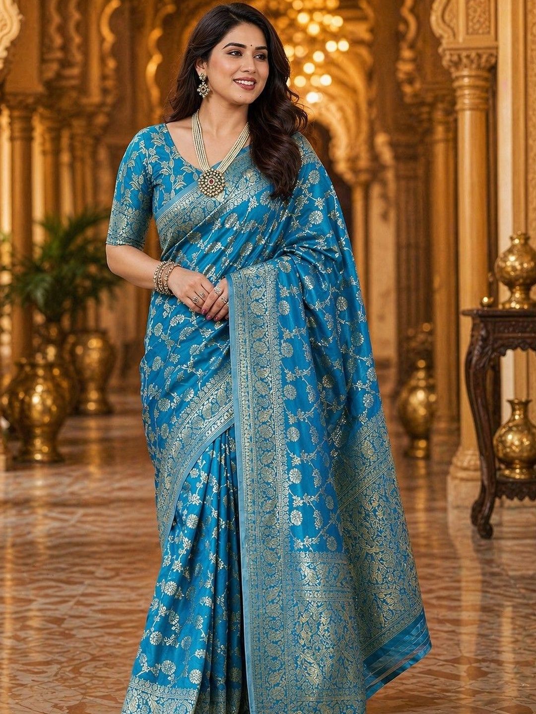 ANIRAV Floral Zari Silk Blend Heavy Work Banarasi Saree