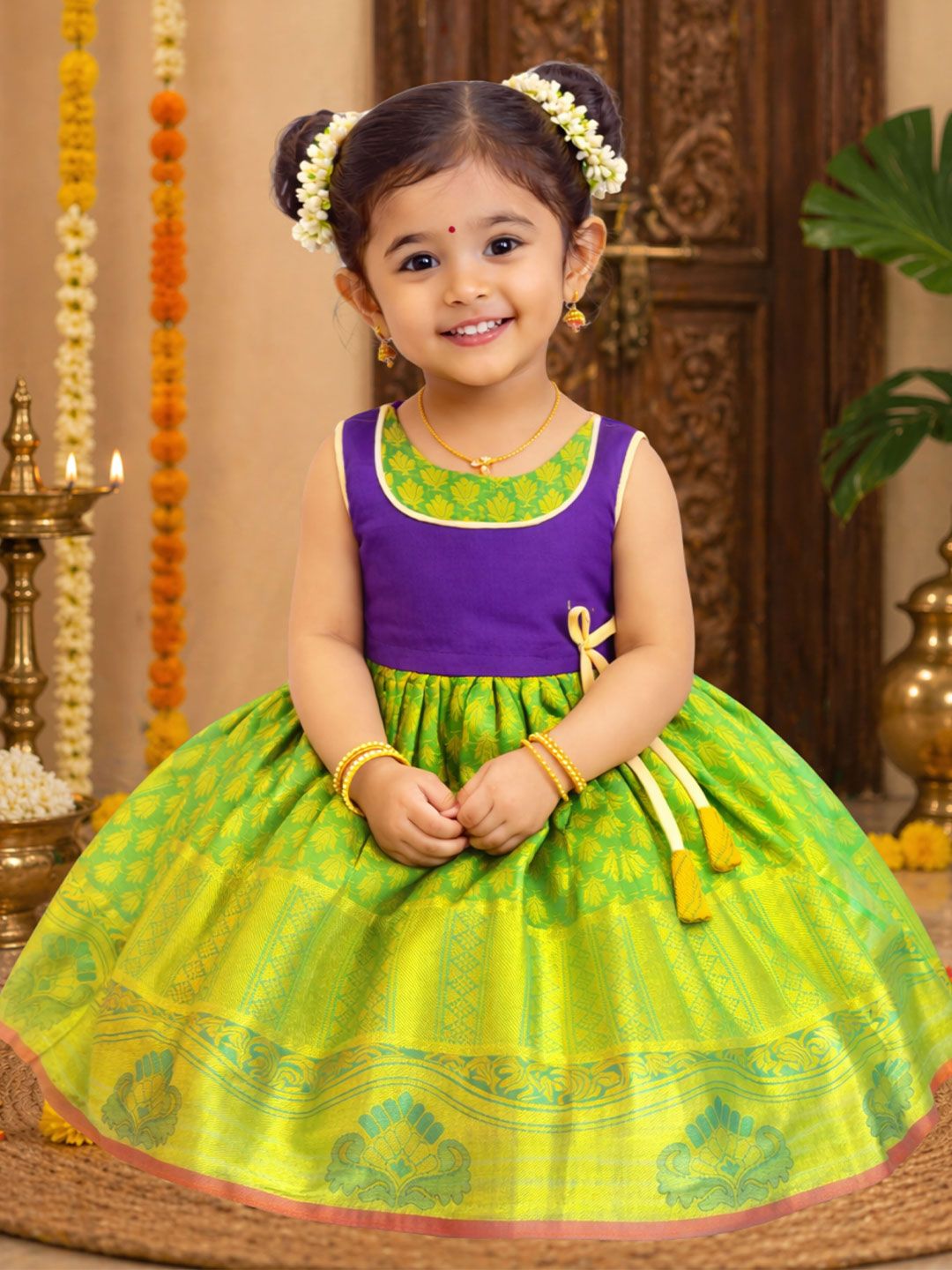 Girls Ethnic Motifs Fit & Flare Pattu Frock 5